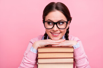 Closeup photo of pretty student lady leaning hands head books pile diligent pupil fond of reading...