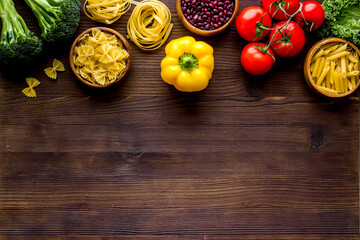 Grocery shopping set with vegetables and herbs, top view