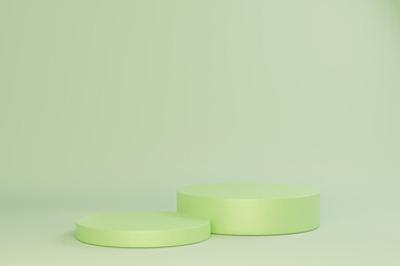 Cylinder podiums on green background. Abstract pedestal scene with geometrical. Scene to show cosmetic products presentation. Mock up design empty space. Showcase,shopfront,display case