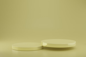 Cylinder podiums on yellow background. Abstract pedestal scene with geometrical. Scene to show cosmetic products presentation. Mock up design empty space. Showcase,shopfront,display case