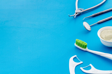 Dentist equipment. Tools, toothbrushes, dental floss close up