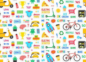Seamless pattern with Cute sticker. Collection of colorful stickers covering diverse subjects with text and picture icons. Flat Style