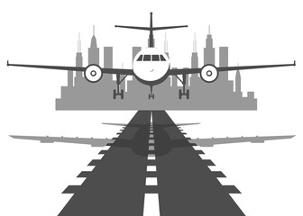 Passenger plane fly up over take-off runway from airport at sunset. Vector flat design illustration.