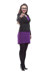 in full growth. friendly woman in a headset looking at you