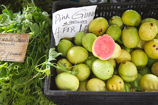 close up of fruit and vegetables at a farmers market in Hilo, the big island Hawaii