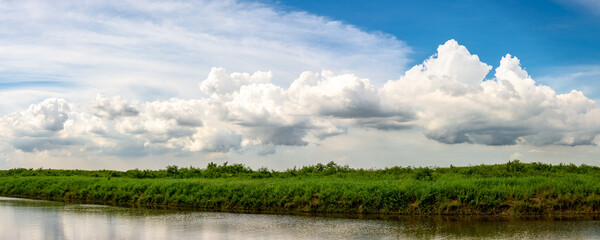 Scenery of grassland at riverside on blue sky background