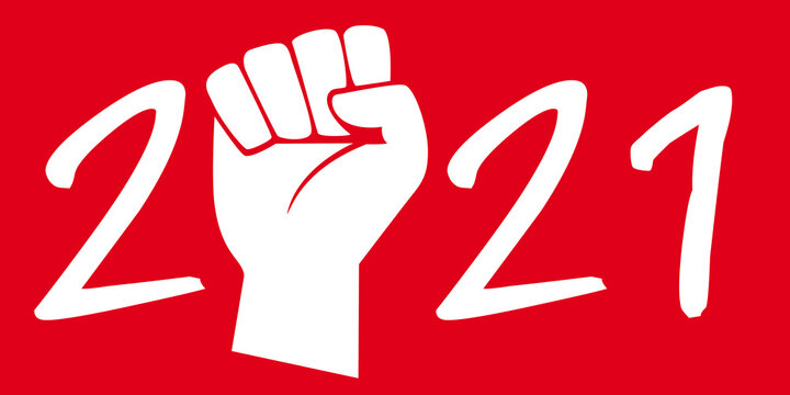 Concept du poing levé sur fond rouge pour symboliser la grève et les manifestations pour défendre les acquis sociaux des ouvriers, pour l’année 2021.