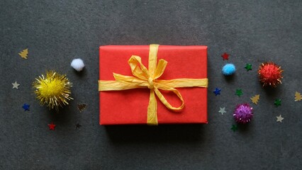 Christmas gifts and decorations on a dark background. Christmas composition.