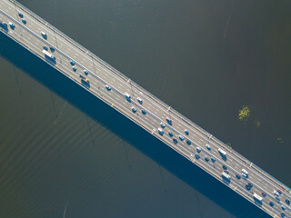 Automobile North Bridge in Kiev. Directly from above. Aerial drone top shot.
