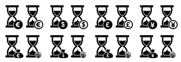 Money icon. Sand glass clock Icons Set. Hourglass, sandglass sign. Flat vector sand watch pictogram. Chronometer, deadline concept. Time interval signs