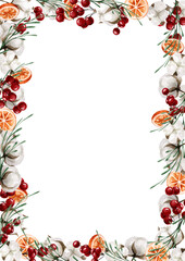 Rectangular vertical frame with oranges, cotton, berries and green twigs, for decoration and photo design, print text, etc. Watercolor illustration with new year elements