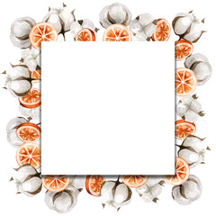 Decorative frame with cotton and oranges for decoration and photo decoration, etc. Watercolor illustration with new year elements