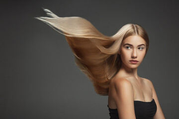 Beautiful model with long smooth, flying blonde hair isolated on dark grey studio background. Young...