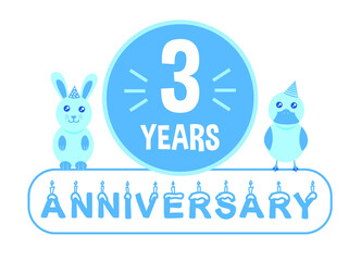 3rd birthday. Three years anniversary celebration banner with blue animals theme for kids.