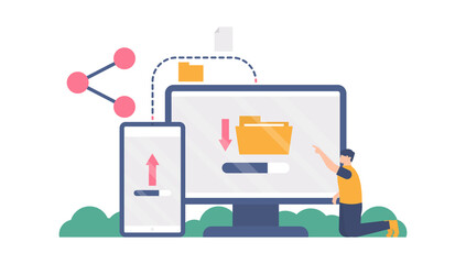 illustration of a man sending or transferring files from a smartphone to a computer. concept of sharing, wireless, file backup. flat design. can be used for elements, landing pages, UI, web site
