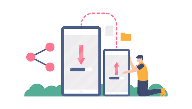 illustration of a man sending or transferring files from a smartphone to another smartphone. concept of sharing, wireless, file backup. flat design. can be used for elements, landing pages, UI, web