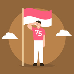 illustration of a young man saluting the red and white flag. Celebration of Indonesia's 75th Independence Day. Happy Independence Day. flat design. can be used for elements, greeting cards, UI