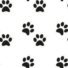 Black and white seamless pattern with paw prints. Abstract background, animal footprint, illustration.
