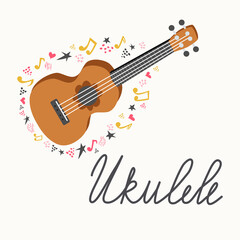 Cartoon ukulele with lettering text for summer, music poster template design.