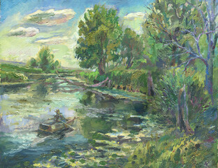 summer landscape with fisherman painting