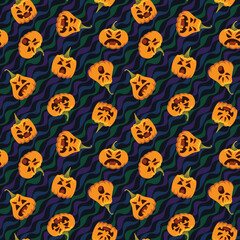 Pumpkin Halloween pattern. Vector illustration of pumpkin heads in different form with various emotions isolated on wavy festive background. All Hallows Evening. Holiday pattern vector.
