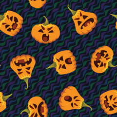 Funny Halloween pattern. Vector illustration of funny pumpkin heads in different form with various emotions isolated on wavy festive background. Seamless holiday pattern. All Hallows Evening.