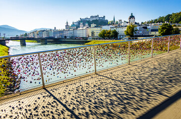 Fototapeta premium love padlocks at a bridge in the famous old town of Salzburg in Austria
