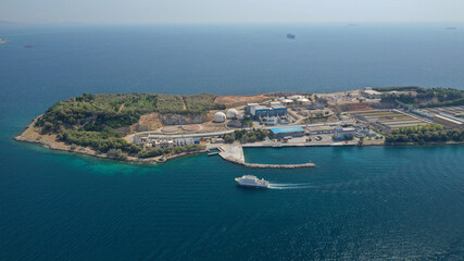 Aerial drone photo of small island of Psitaleia, a latest technology industrial sewage plant near port of Piraeus, Attica, Greece
