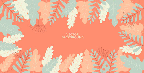  Vector horizontal background in minimal style with doodle leaves and space for text.