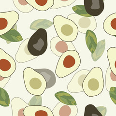 Avocados, half avocados and half avocados without seeds seamless pattern