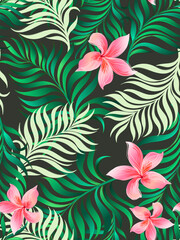 Fototapeta na wymiar Vector tropical pattern with hibiscus flowers and exotic palm leaves. Trendy summer background. Summer floral illustration.