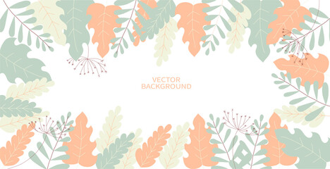  Vector horizontal background in minimal style with doodle leaves and space for text.