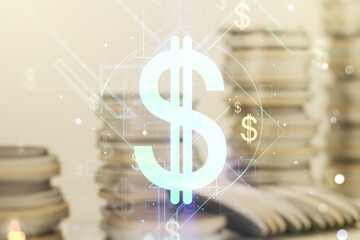 Virtual USD symbols illustration on stacks of coins background. Trading and currency concept. Multiexposure