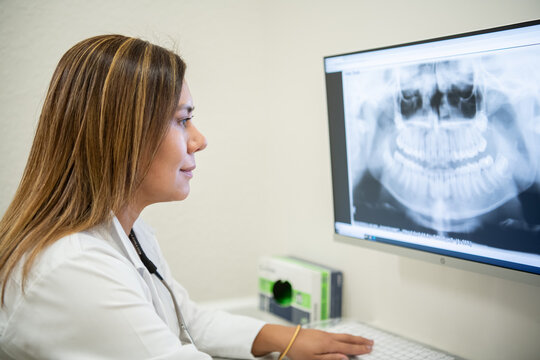 A dentist looking at x-rays