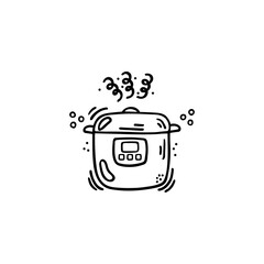 Slow cooker for cooking soup, rice, meat, Asian cuisine. Appliances. Convenient for a modern home. Hand drawing, vector, doodle. Menu, advertising, poster, banner.