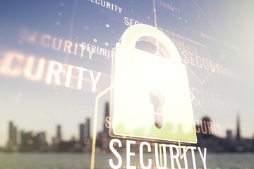 Virtual creative lock illustration with microcircuit on blurry skyscrapers background, cyber security concept. Multiexposure