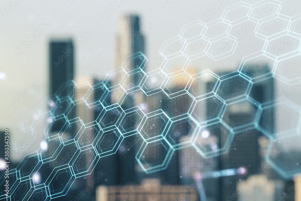 Poster double exposure of abstract virtual technology hologram with hexagon on blurry cityscape background.