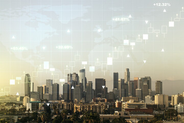 Abstract creative financial graph and world map on Los Angeles cityscape background, financial and trading concept. Multiexposure