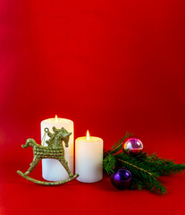 Christmas card, banner, flatlay with copy Space on a red background