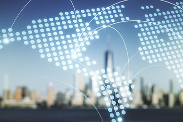 Abstract virtual world map with connections on blurry skyline background, international trading concept. Multiexposure
