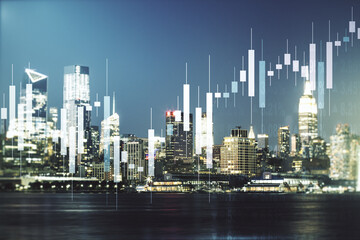 Obraz premium Multi exposure of virtual abstract financial graph interface on Manhattan cityscape background, financial and trading concept