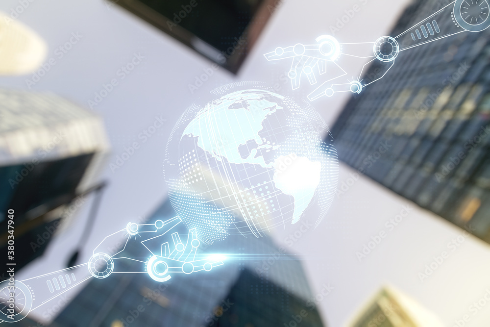 Aufkleber abstract virtual robotics technology hologram with globe on modern architecture background, artifici