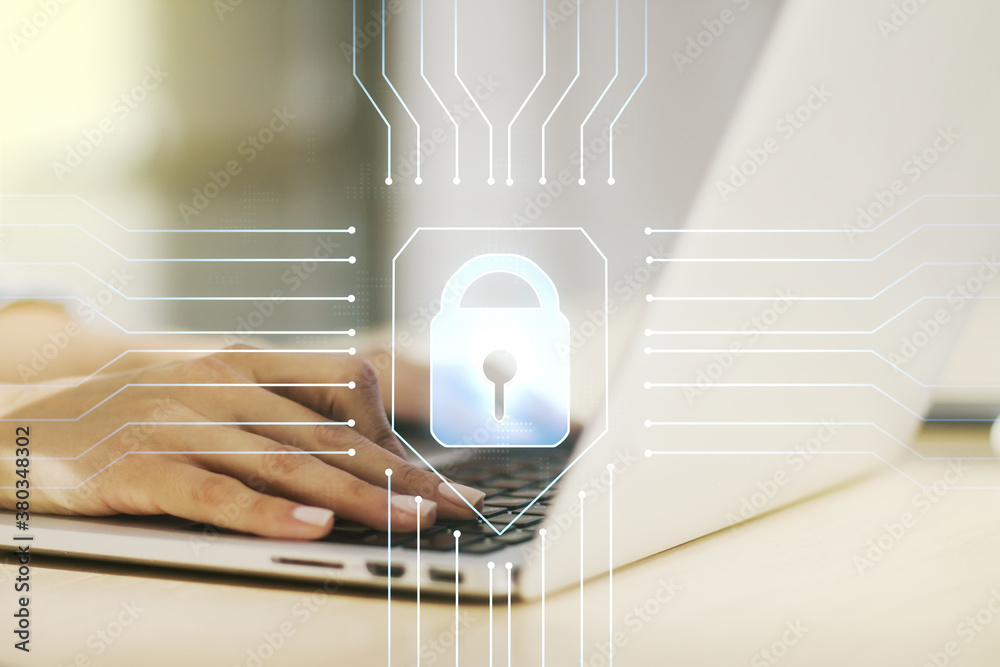 Aufkleber double exposure of creative lock hologram with chip and hands typing on laptop on background. inform