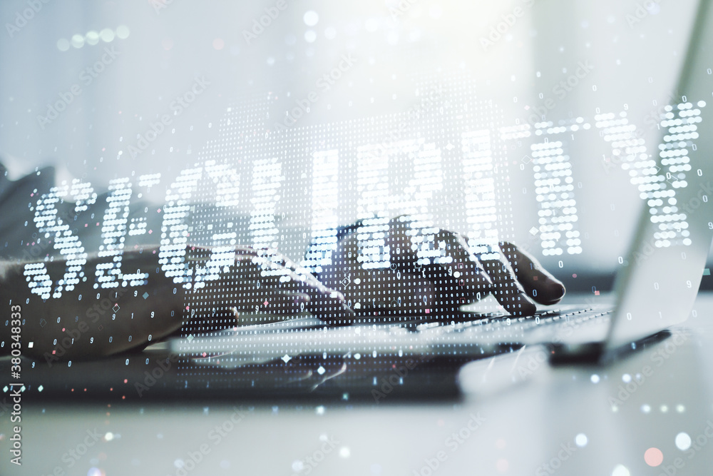 Poster Cyber security creative concept with hands typing on computer keyboard on background. Double exposure