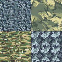 Digital pixel camouflage collection four abstract pixelated mimetic vector seamless pattern