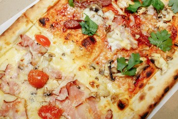 Pizza on wooden table top view. Fast food. Post blog social media. with copy space. Pizza ready to eat