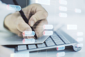 Abstract creative coding illustration with hand writing in diary on background with laptop, software development concept. Multiexposure