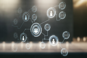 Double exposure of abstract virtual social network icons on modern business center exterior background. Marketing and promotion concept
