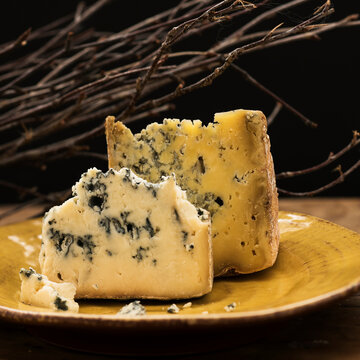 Blue cheese slices on plate, studio shot