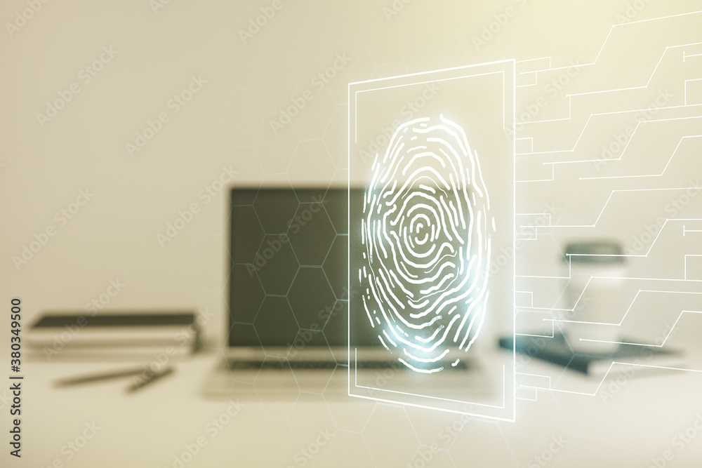 Poster Double exposure of abstract creative fingerprint hologram on computer background, protection of personal information concept